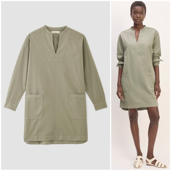 EVERLANE Long-Sleeve Utility Mini Dress Sage Green M Organic Cotton Minimalist - Picture 1 of 16